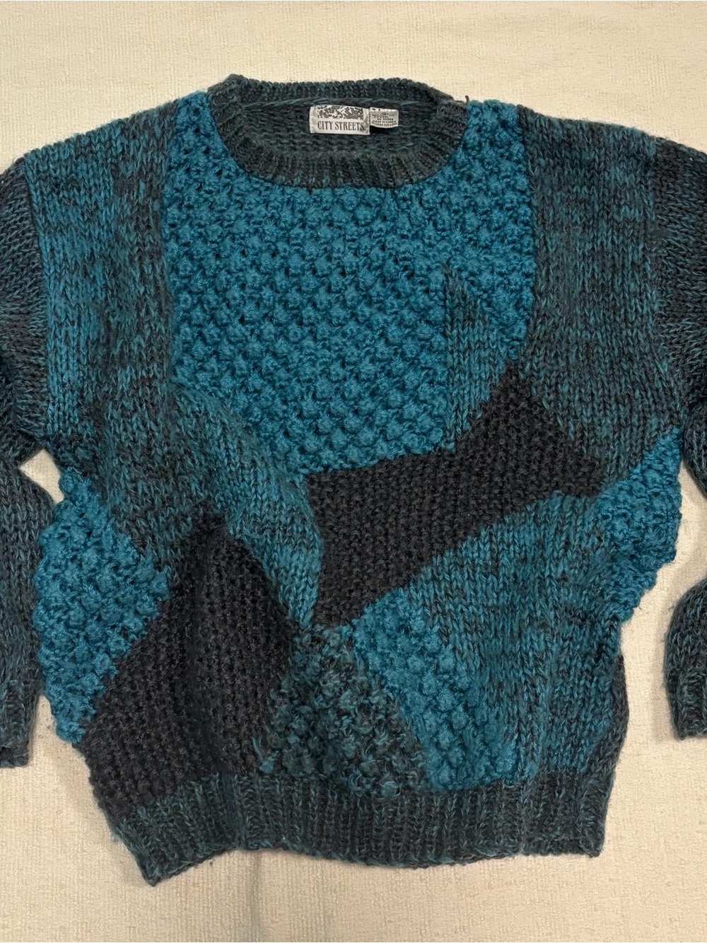 City Streets Teal & Black Mixed-Knit Crewneck Sweater